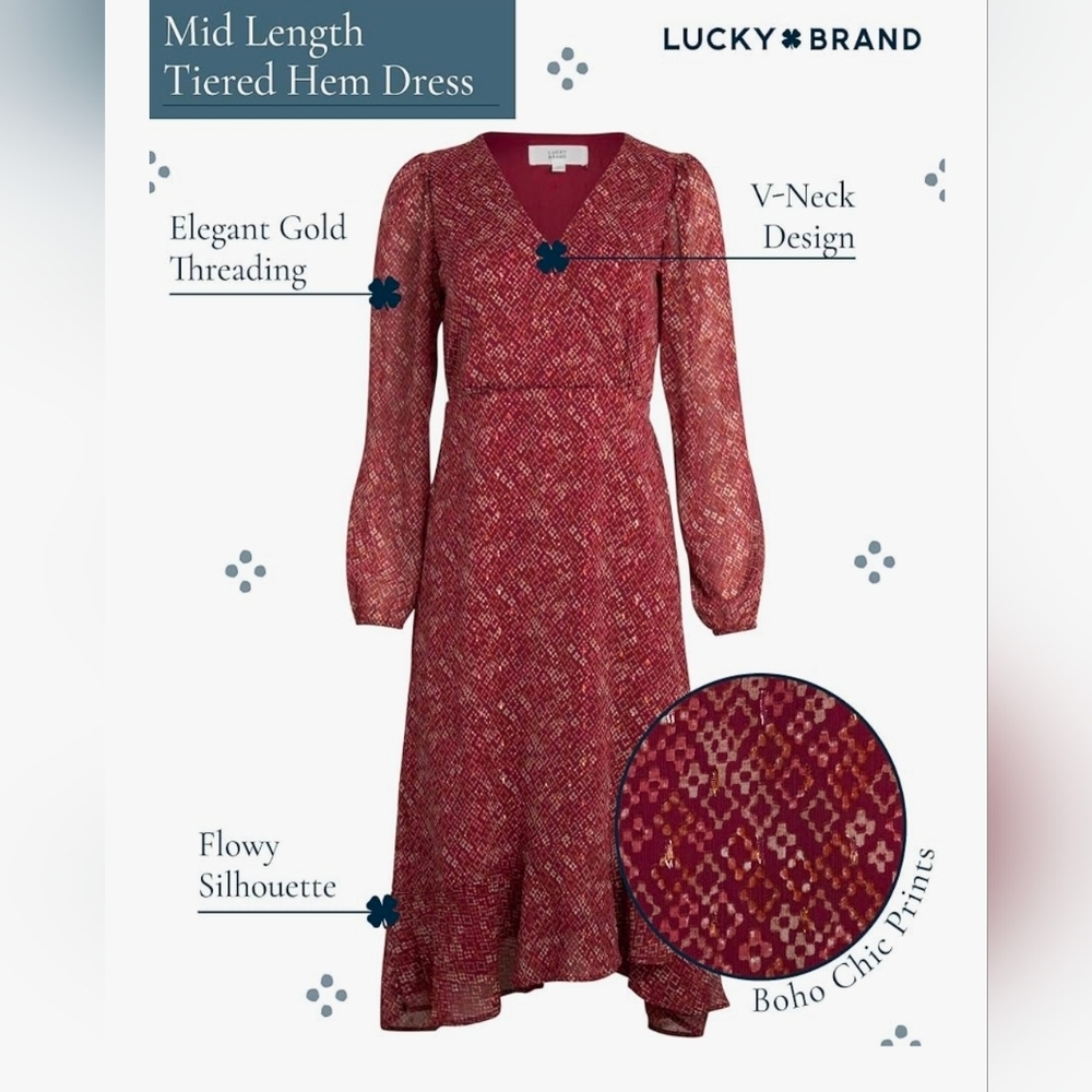 Lucky Brand Red Printed V-Neck Midi Dress - Picture 3 of 5